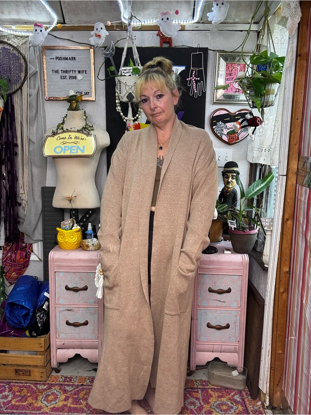 Max Sport Long Open-Front Women’s Cardigan Sweater - Camel/Tan Pocket